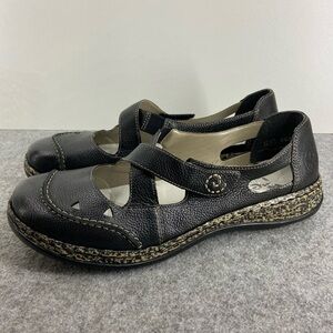 Rieker Laser Black Leather Cutout Slip On Mary Jane Loafer Women Size 40 US8.5/9